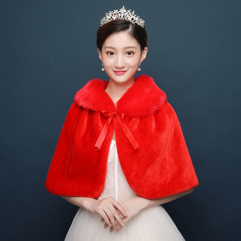 Bride's wedding dress fur shawl women's warm white cloak cheongsam jacket red cloak - Korvel