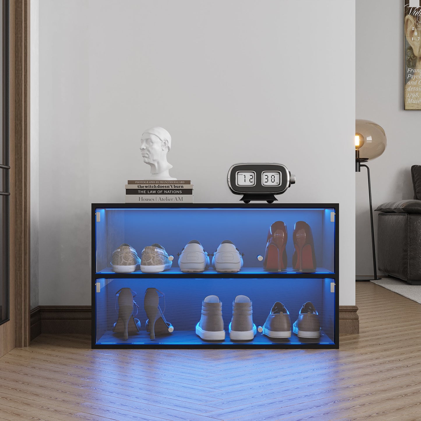Black Glass Door Shoe Box Shoe Storage Cabinet With RGB Led Light - Korvel