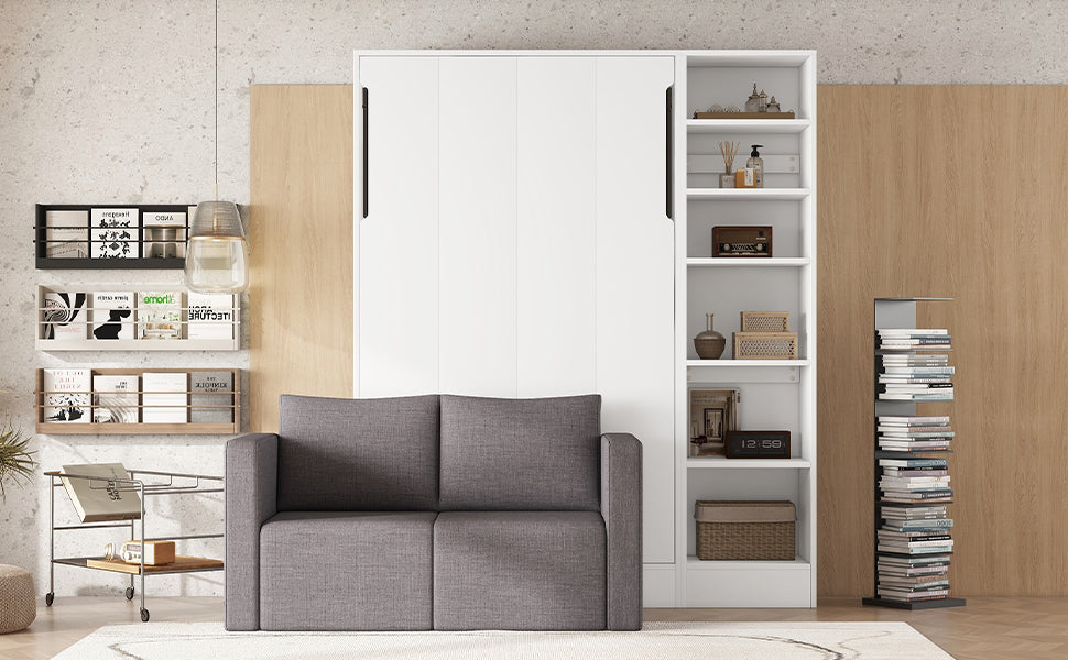 Twin Size Murphy Bed Wall Bed with Sofa and Shelves - White
