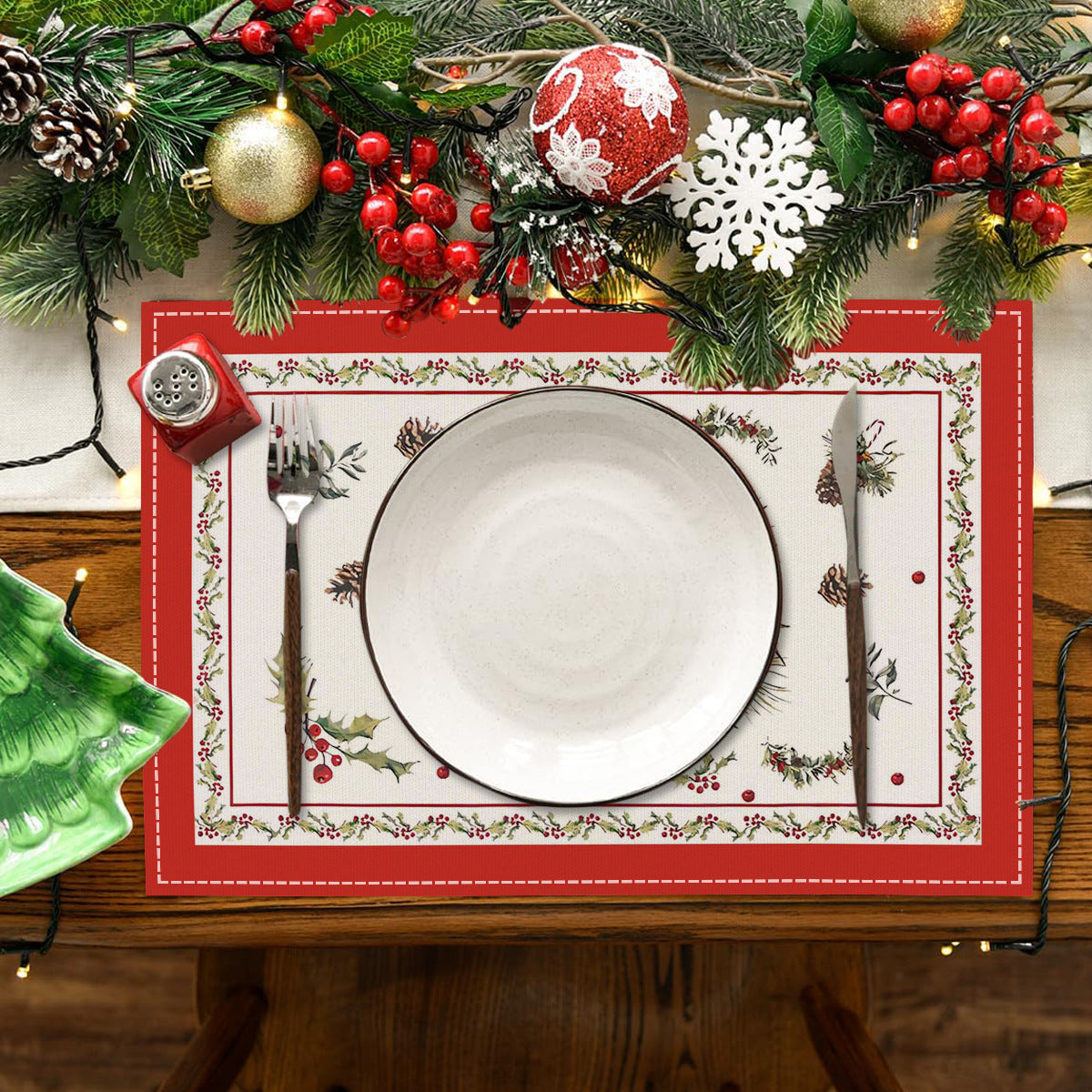 Christmas tree bell print placemat red striped plaid linen table mat Christmas party decoration insulation mat - Korvel