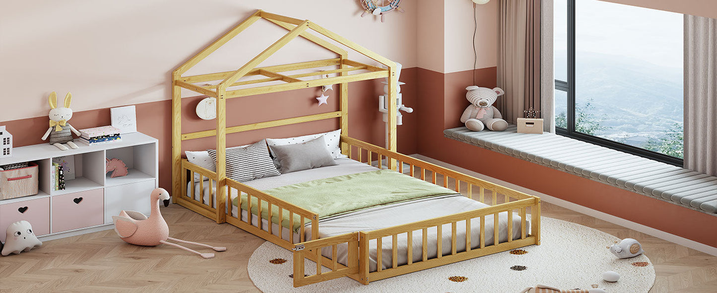 Wooden Full Size Children's Bed with Detachable Headboard and Integrated Clothes Drying Rack, Natural - Korvel