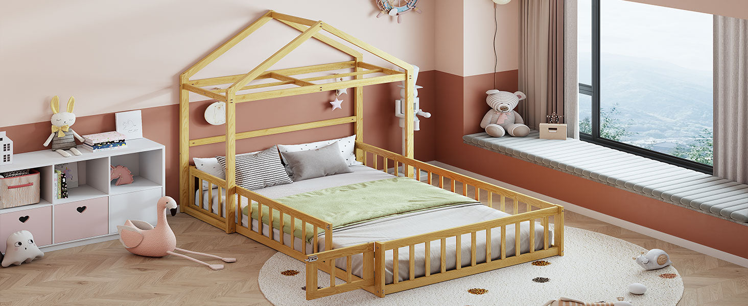 Wooden Full Size Children's Bed with Detachable Headboard and Integrated Clothes Drying Rack, Natural - Korvel