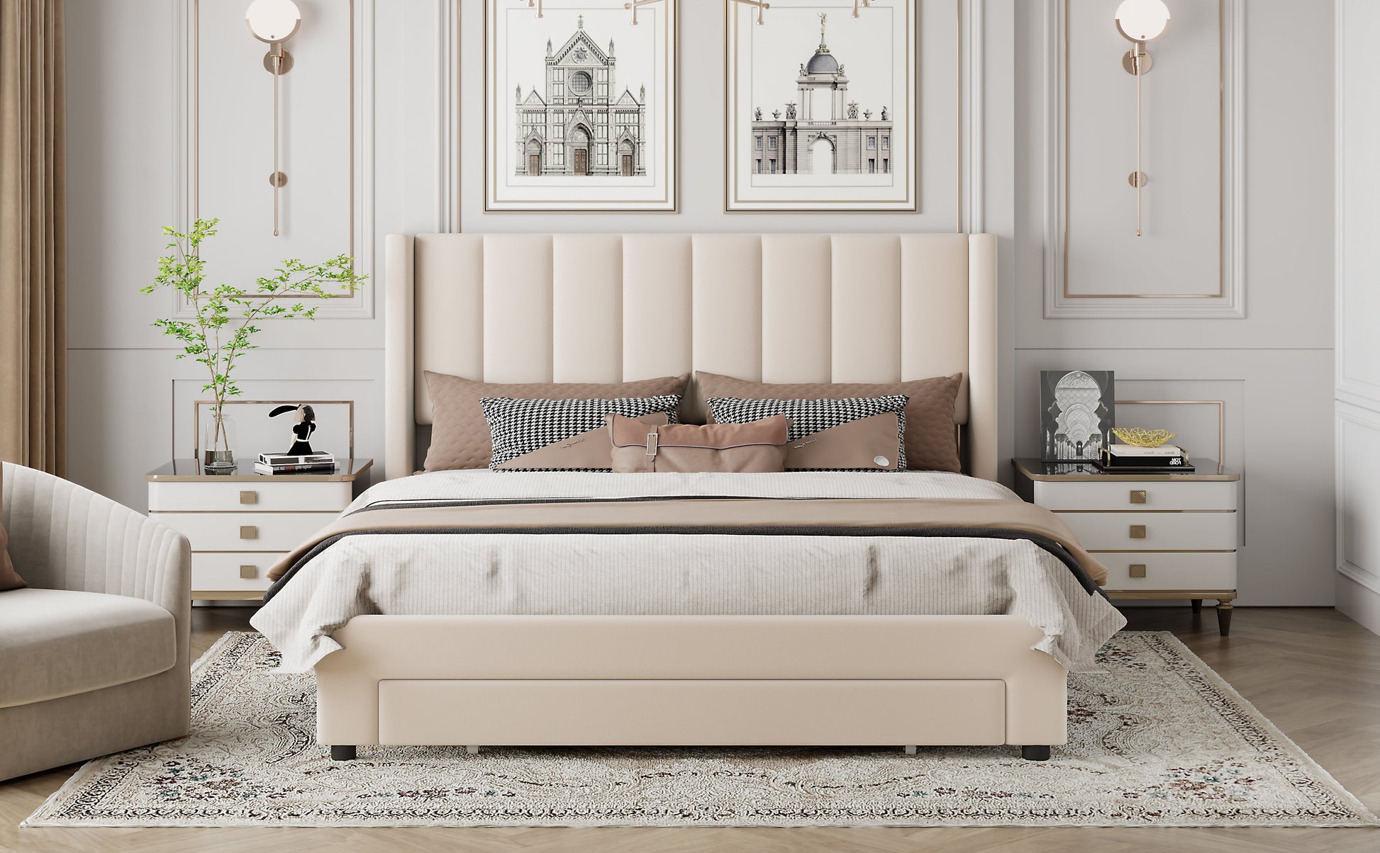 Queen Size Storage Bed Velvet Upholstered Platform Bed with a Big Drawer - Beige - Korvel