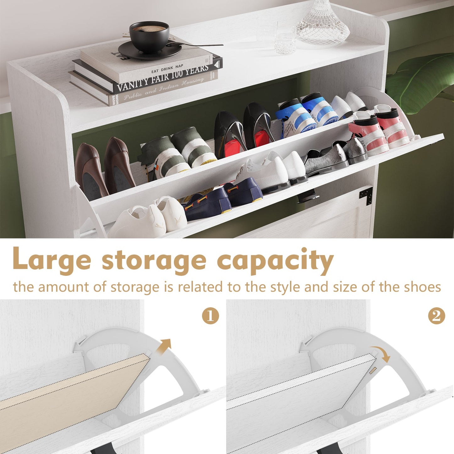 Elegant White Shoe Cabinet with 2 Flip Drawers