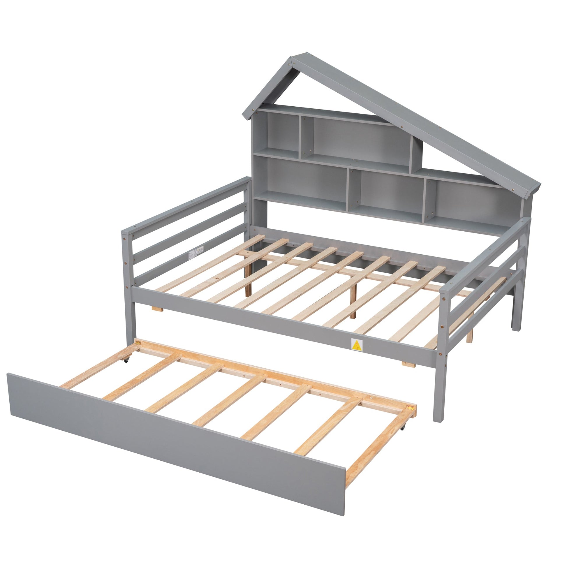 Full Size Platform Bed with Trundle and Shelves Gray - Korvel