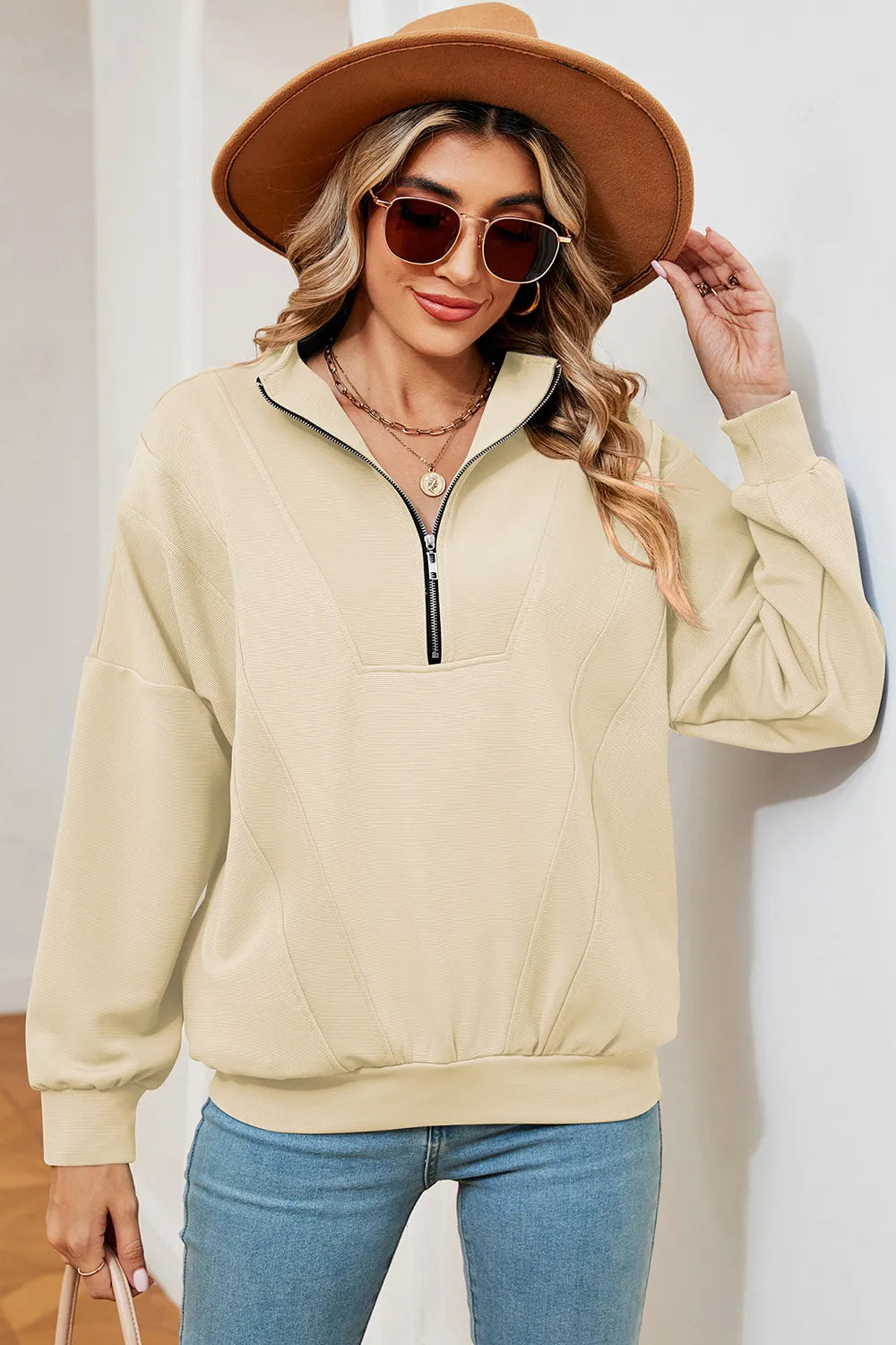 Solid Color Zipper Long Sleeve Pullover Sweatshirt for Women