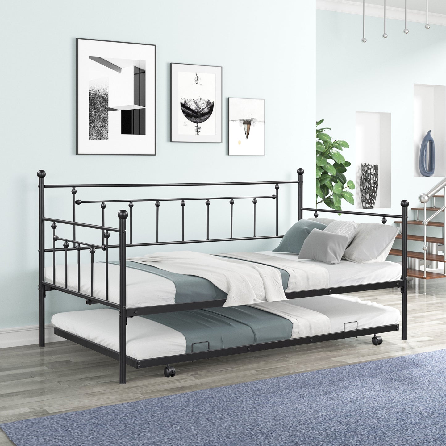 Retro Black Metal Double Bed with Flexible Ear Shaft