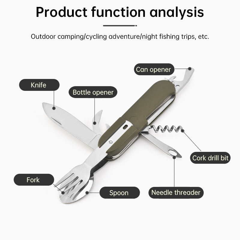 7-in-1 multifunctional stainless steel foldable outdoor camp tableware: fork, spoon, knife. Survival tools for picnic, camping. - Korvel