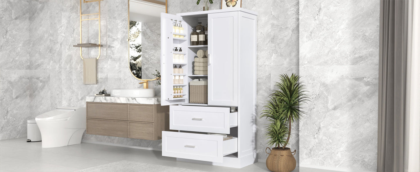 Tall Bathroom Storage Cabinet, Cabinet with Two Doors and Drawers, Adjustable Shelf, MDF Board, White - Korvel