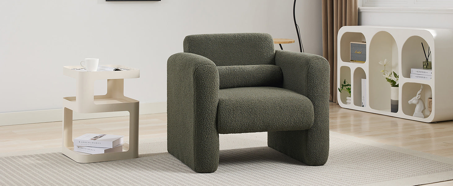 Modern style chair with sheepskin Sherpa fabric soft cushion, comfortable armchair, soft with backrest and pillow, seaweed green - Korvel