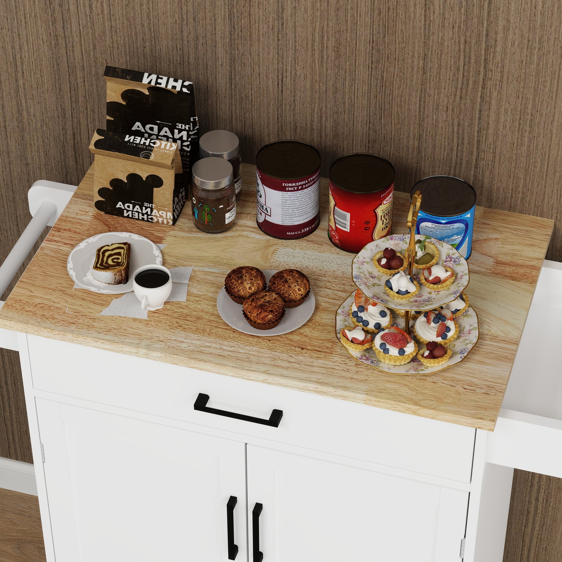 Kitchen island rolling trolley cart with 1 drawer & 2 doors with storage racks & Adjustable Shelves & towel rack - Korvel