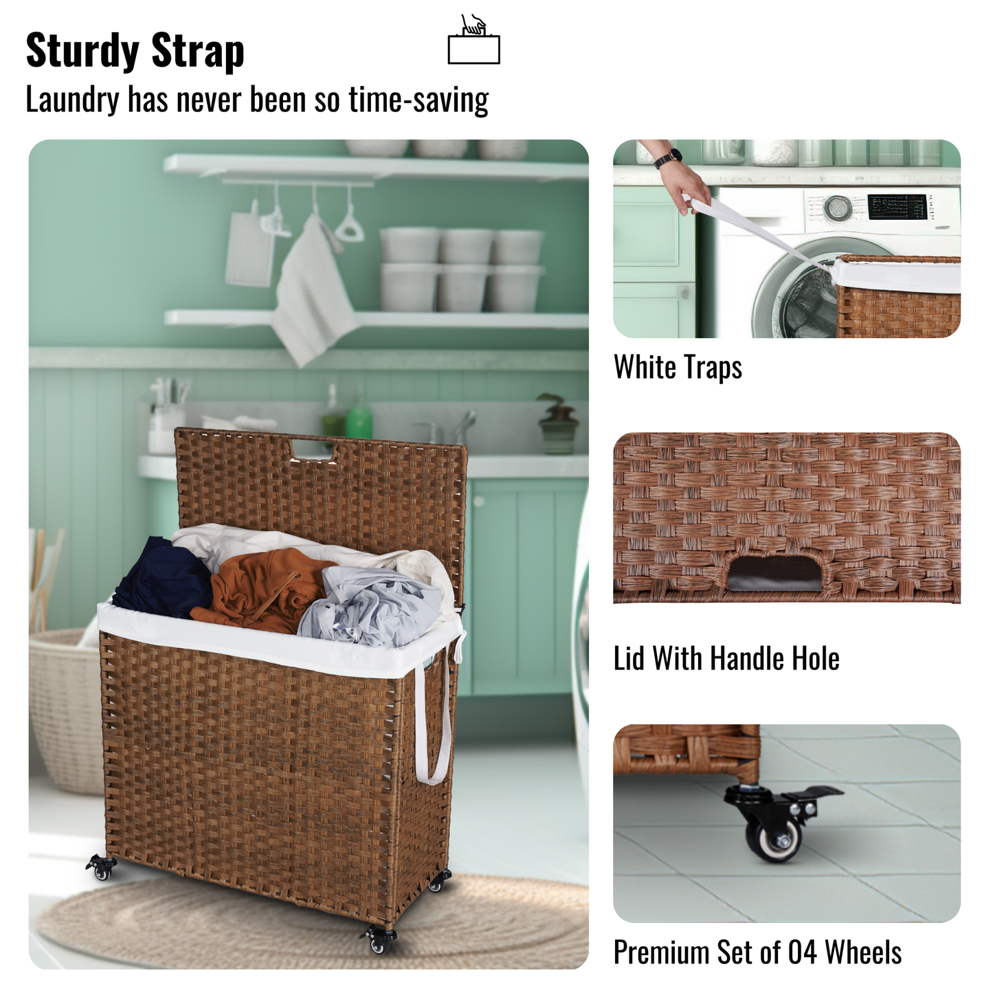Laundry Hamper With Lid PE Rattan Powder Coating Frame Clothes Hampers with 02 Removable Bags, Wheels, 160L, Brown Color - Korvel