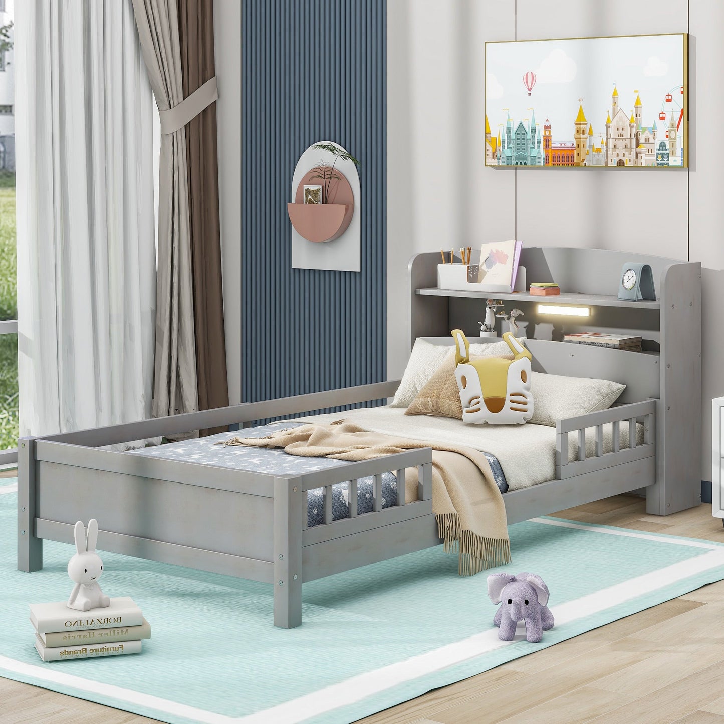 Wood Twin Size Platform Bed with Built-in LED Light  Storage Headboard and Guardrail Antique Grey - Korvel