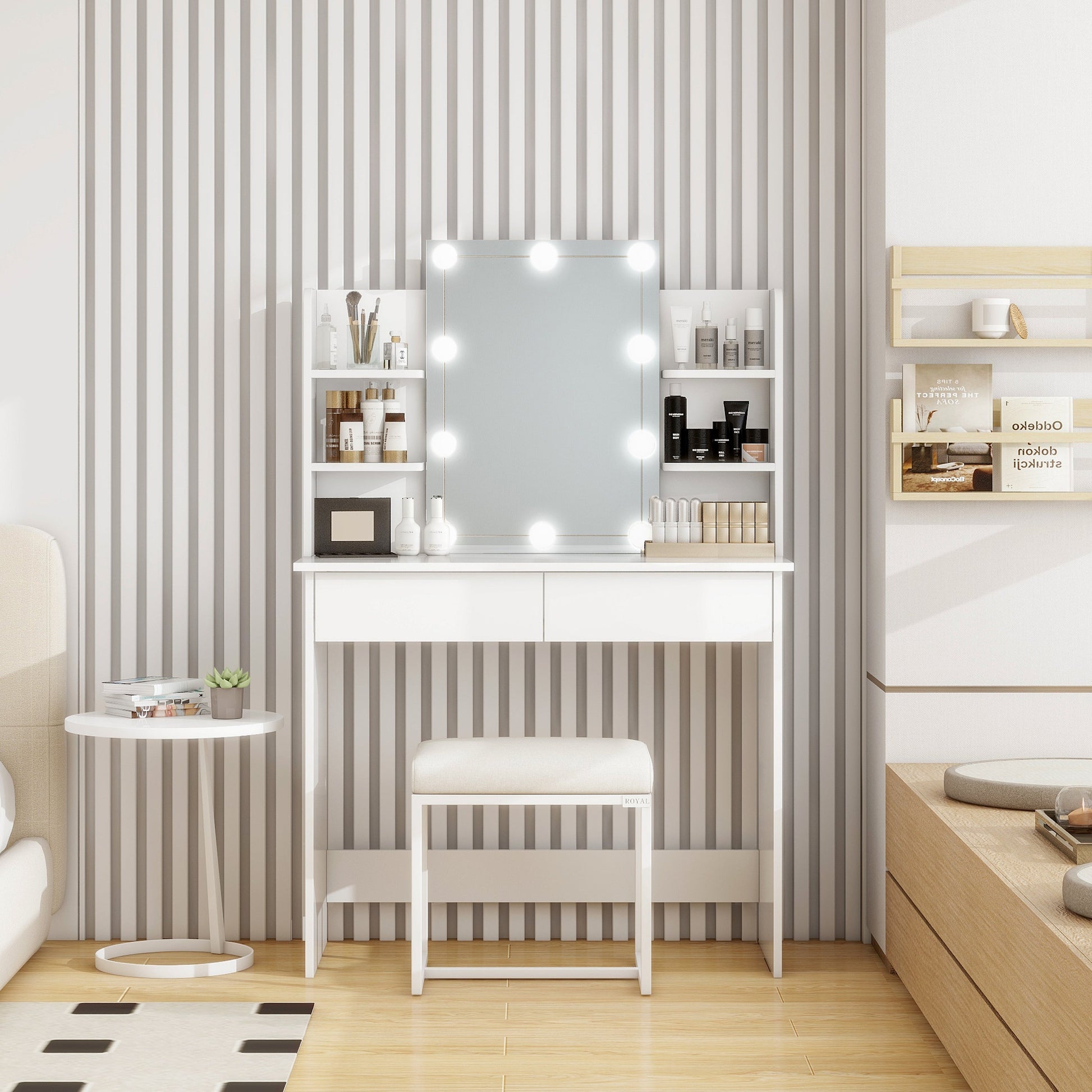 Makeup Vanity Desk With LED Lighted Mirror ,Dressing Table Set With 2 Large Drawers 10 LED Light ,White Color - Korvel
