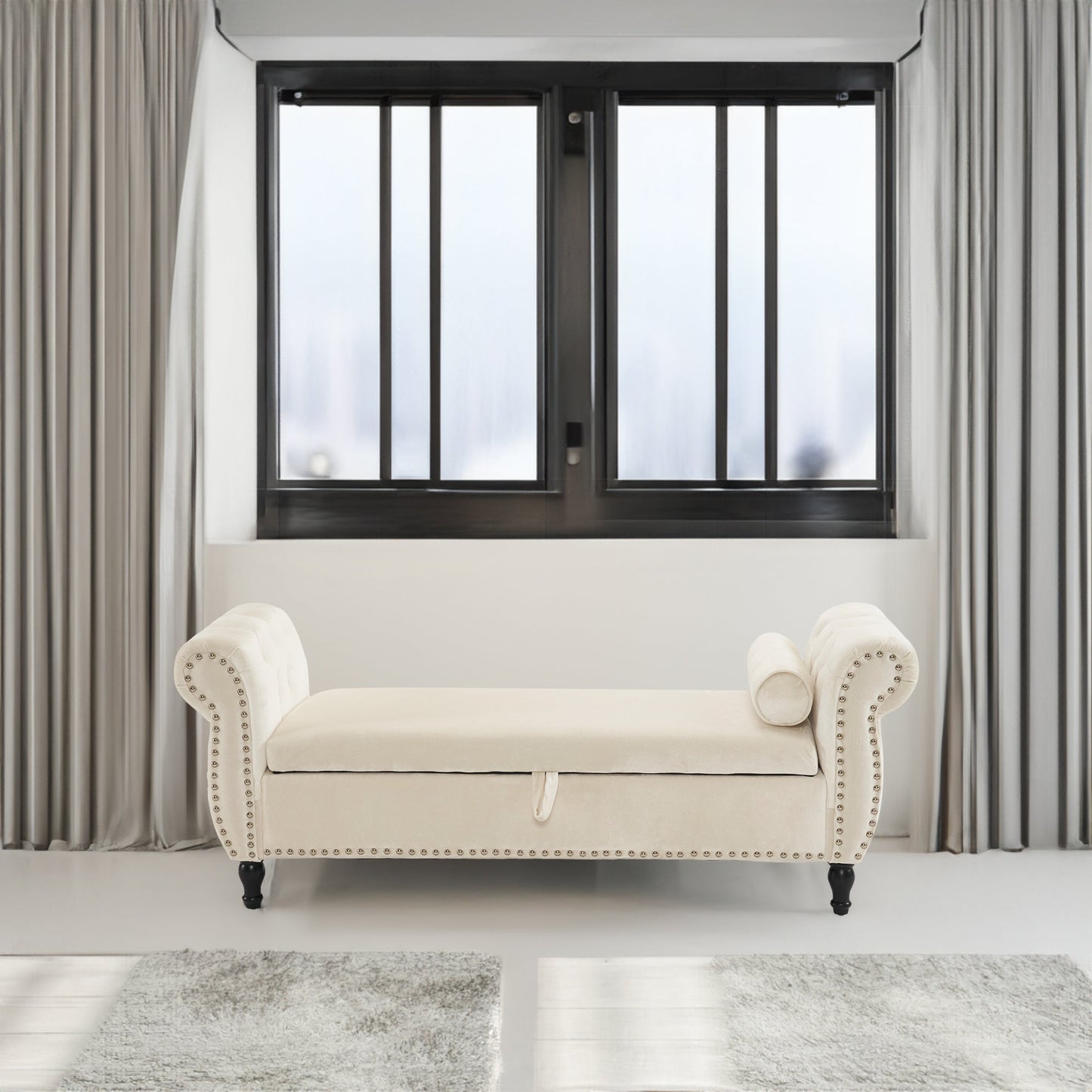 Banc de rangement multifonction en velours avec coussin - Beige