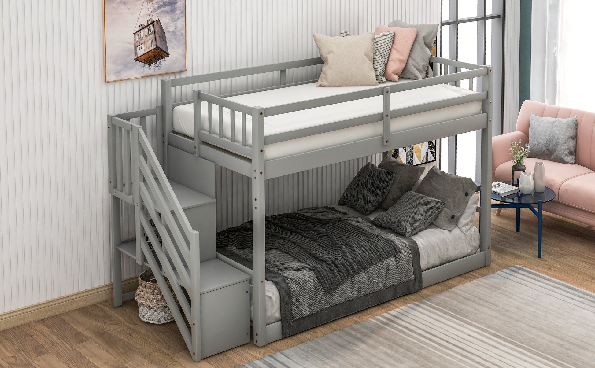 Twin over Twin Floor Bunk Bed, Ladder with Storage  Gray - Korvel