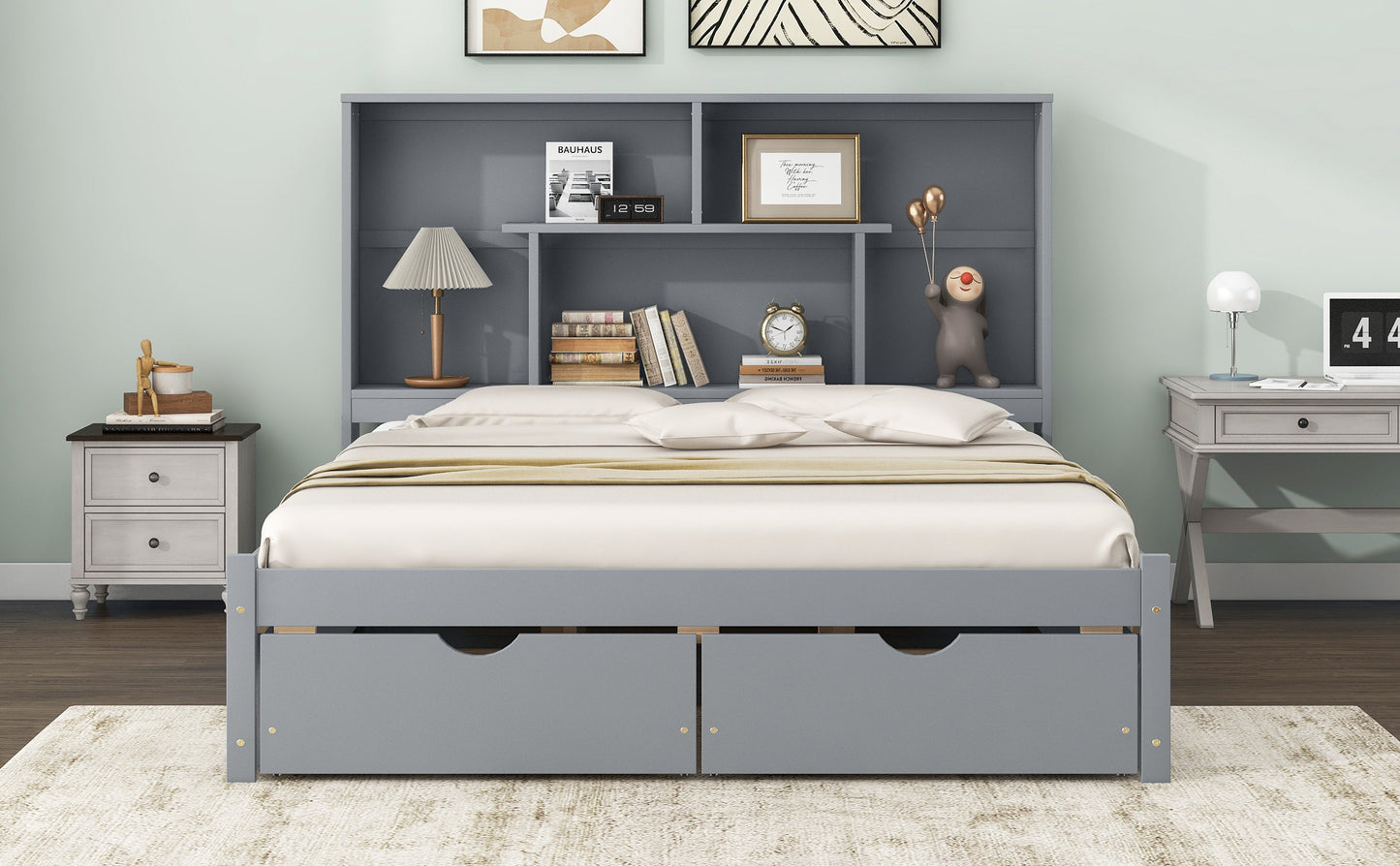 Elegant Queen Size Platform Bed with Storage Headboard, Gray