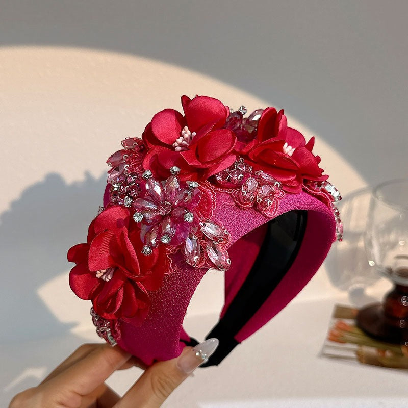 Solid color fabric flower oversized wide edged crystal headband - Korvel
