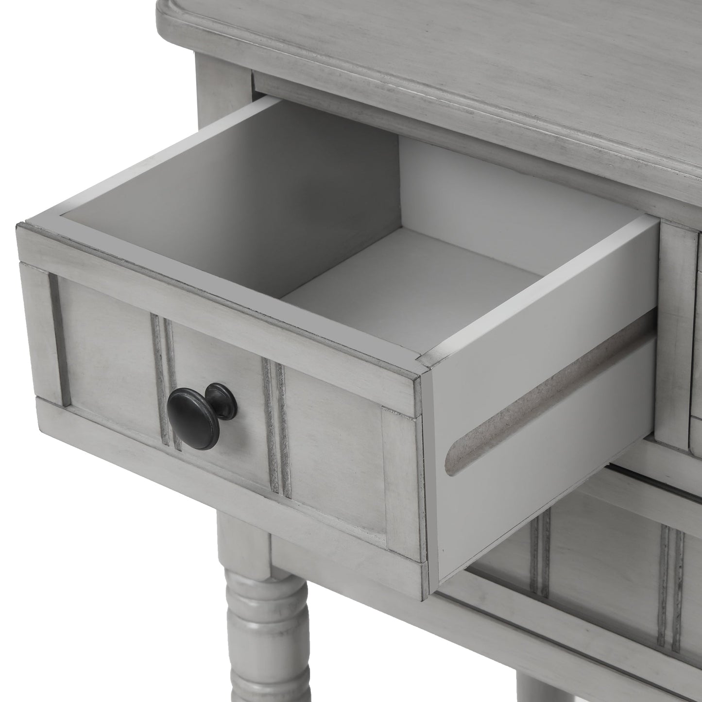 TREXM Narrow Console Desk, Thin Sofa Table with Three Storage Drawers and Living Room Bottom Shelves (Grey Washed) - Korvel