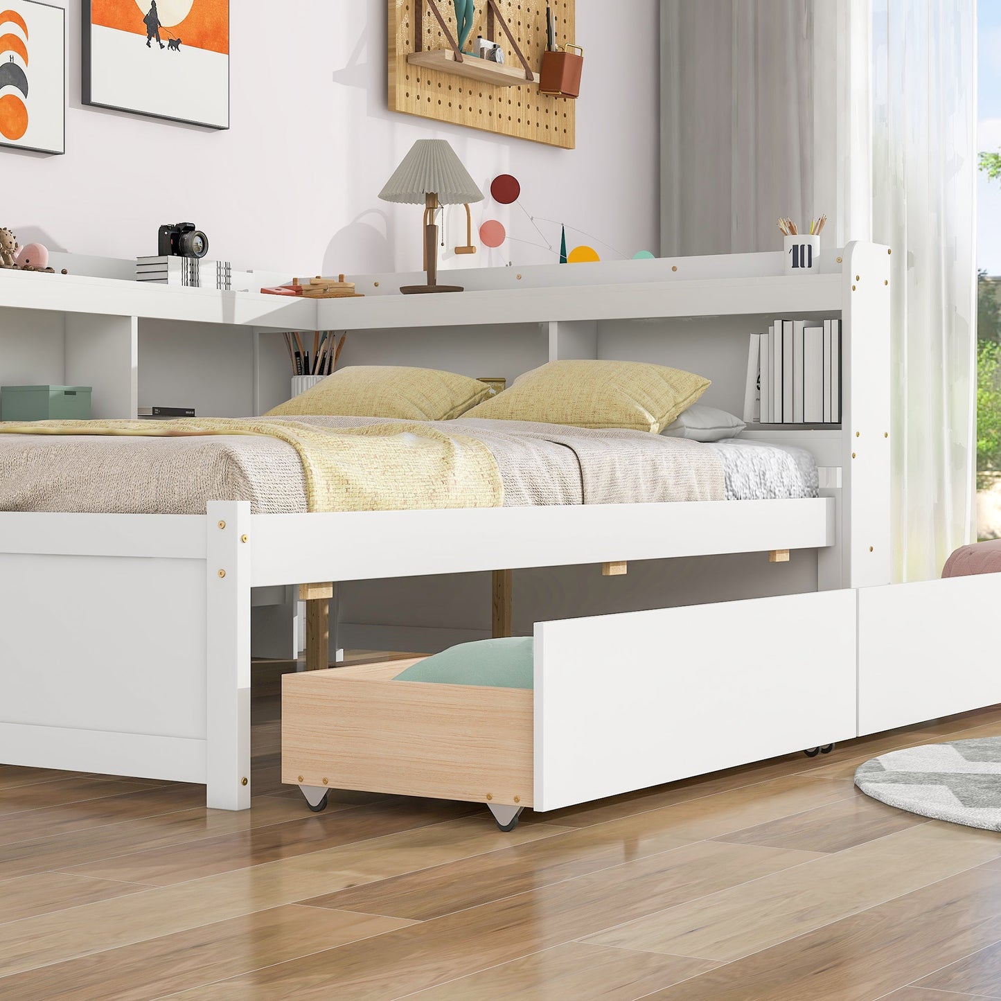 Elegant Full Bed with L-shaped Bookcases and Drawers in White