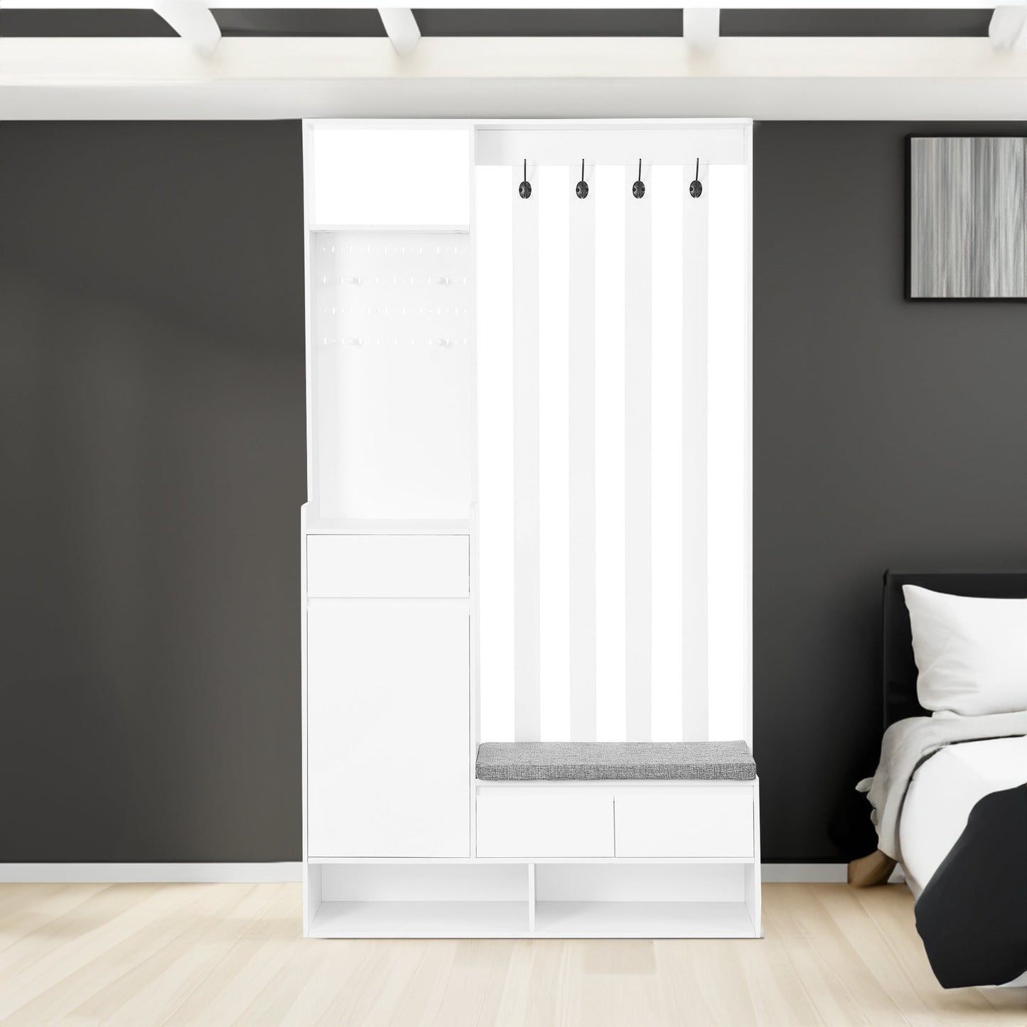 39.3'W70.8'H multifunctional corridor shoe cabinet with soft padded nail board and white clothes hanger with entrance hook - Korvel