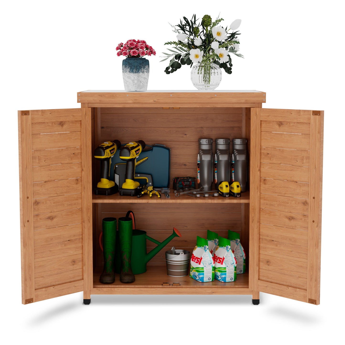 Potting Bench with Storage Cabinet and Metal Table Top for Outdoor Patio,Outdoor Work Station Table - Korvel