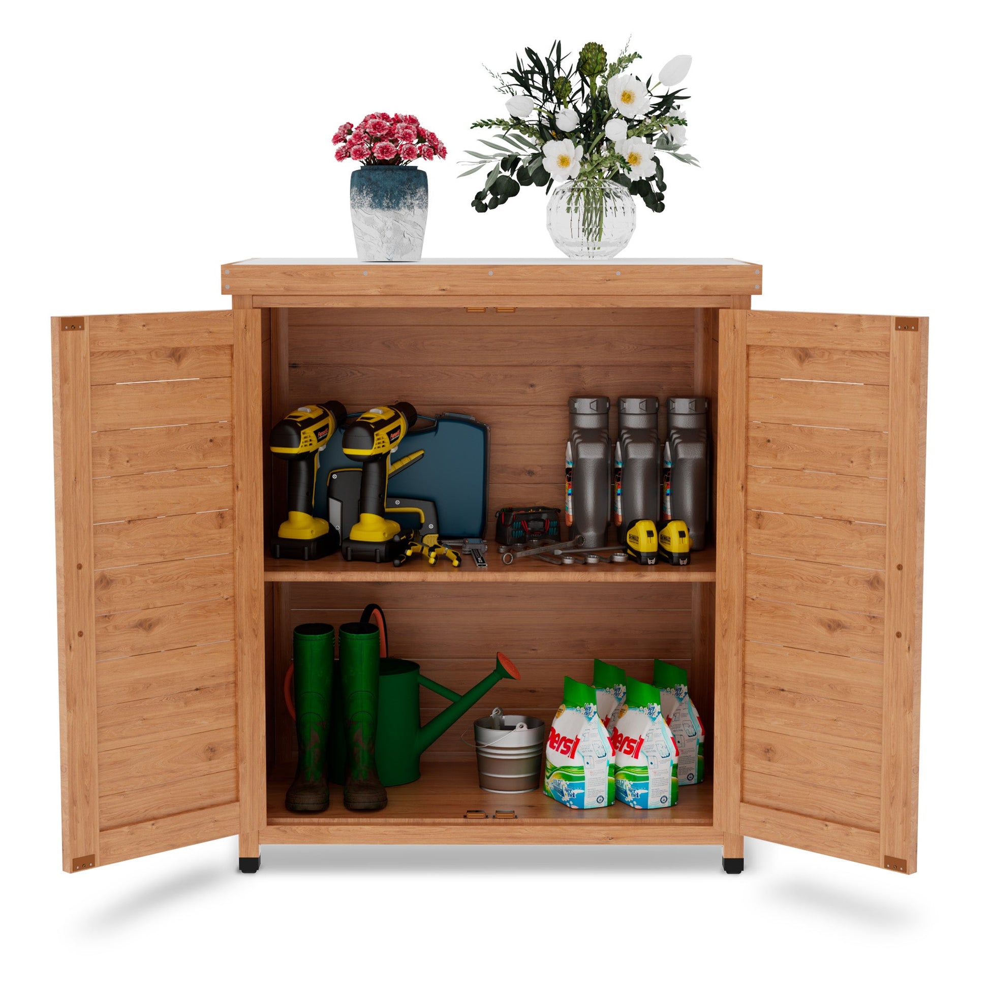 Potting Bench with Storage Cabinet and Metal Table Top for Outdoor Patio,Outdoor Work Station Table - Korvel