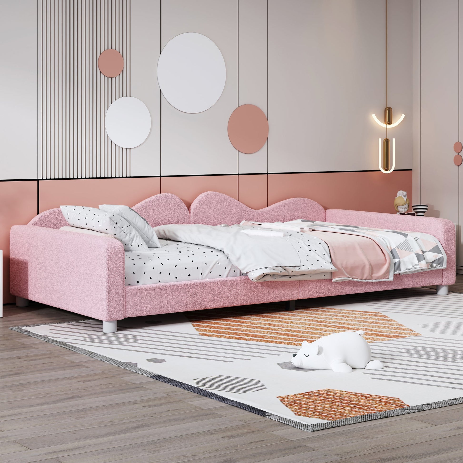 Twin size Upholstered Daybed, Sherpa Fabric Sofabed with Cloud-Shaped Backrest, No Box-spring Needed, Pink - Korvel