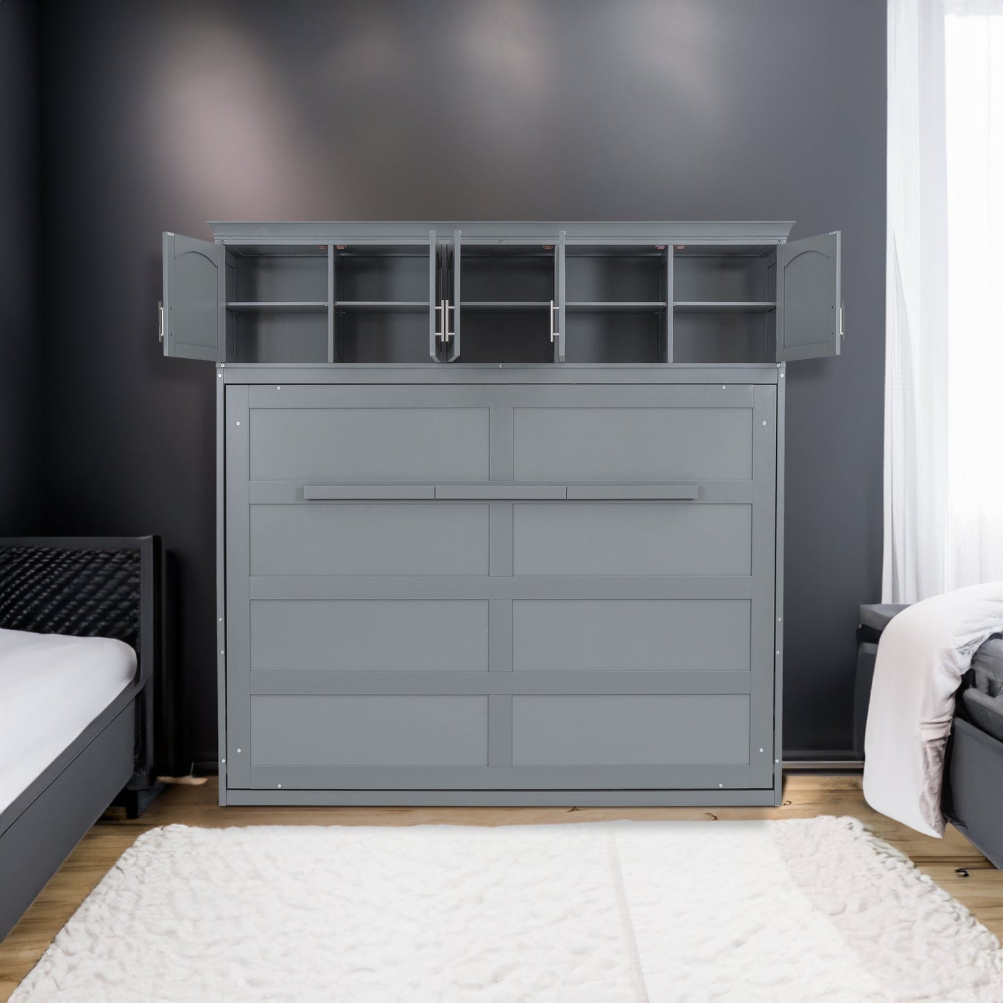 Full Size Murphy Bed Wall Bed with Top Cabinets,Gray - Korvel