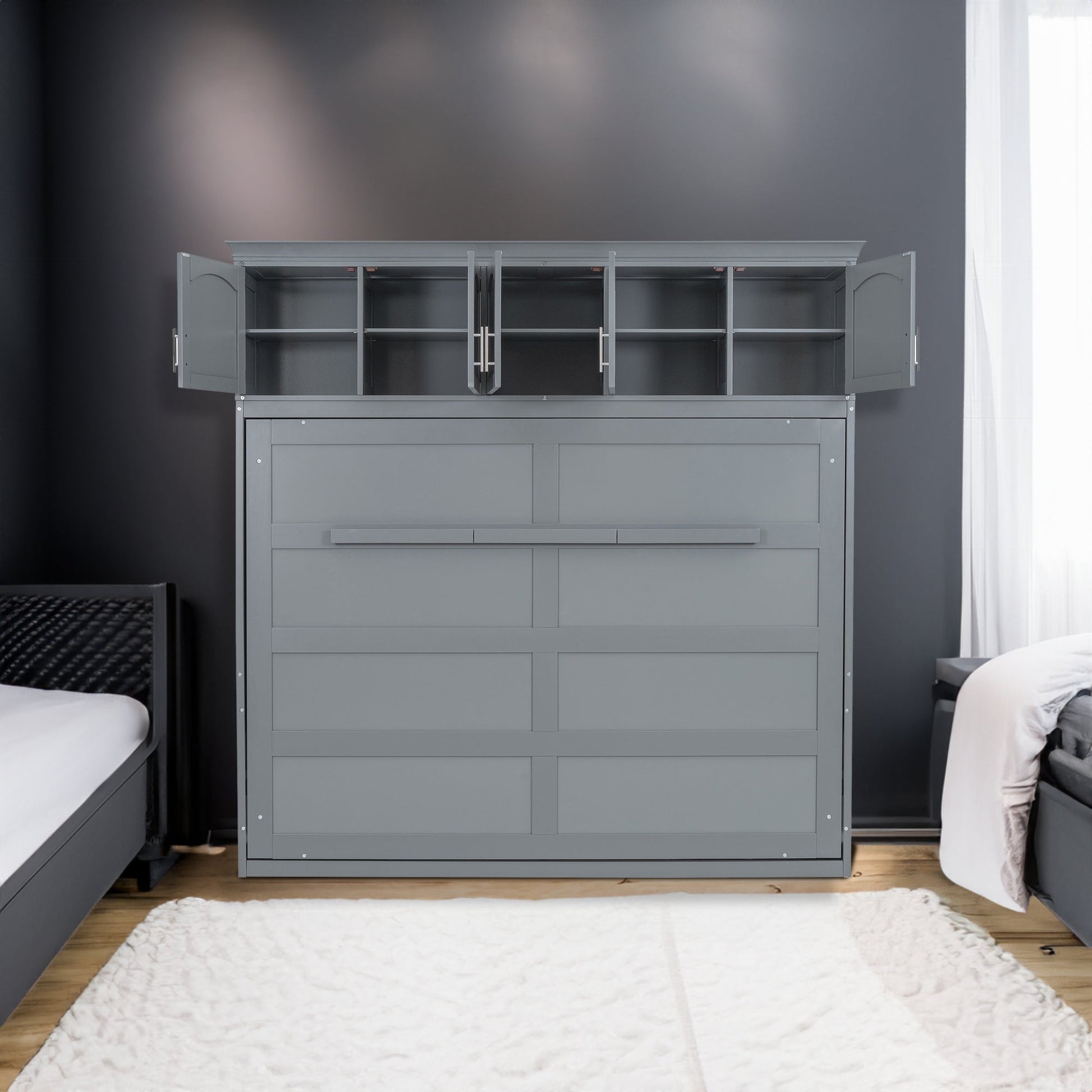 Full Size Murphy Bed Wall Bed with Top Cabinets,Gray - Korvel