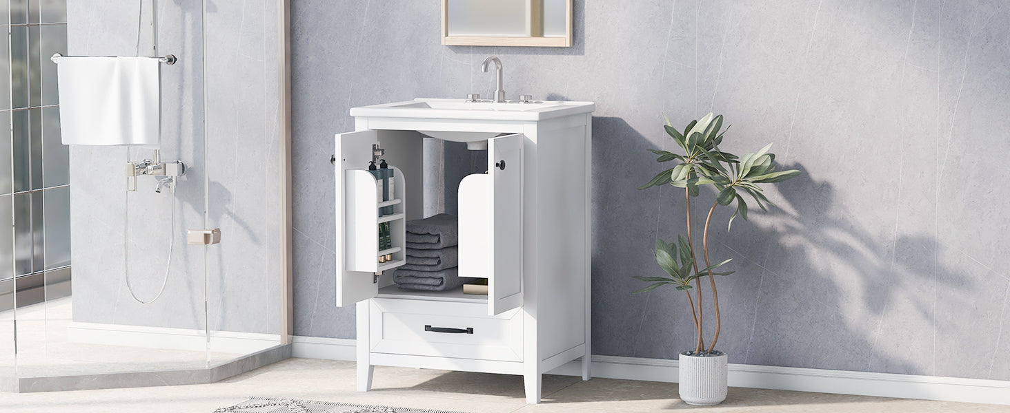 24" Bathroom Vanity with Sink, Bathroom Vanity Cabinet with One Drawer and Doors, Solid Wood and MDF, White - Korvel