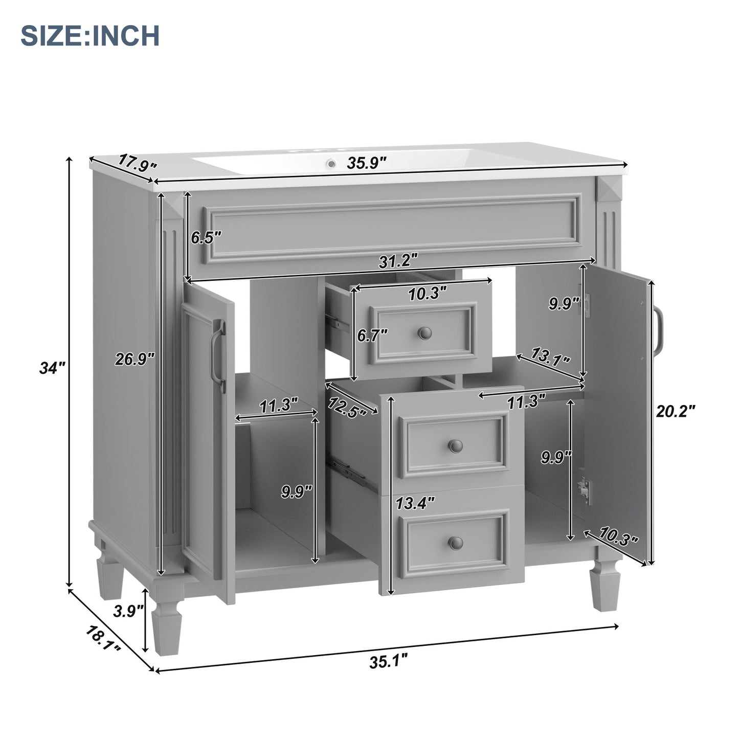 36'' Modern Bathroom Vanity with Soft Closing Doors