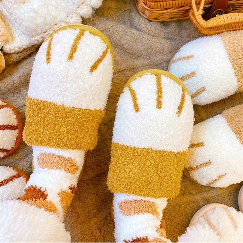 Winter House Warm Fur Slipers For Women Cute Cat paw Designer Bedroom Warm Plush Shoes Non-slip Indoor Women Furry Slippers - Korvel