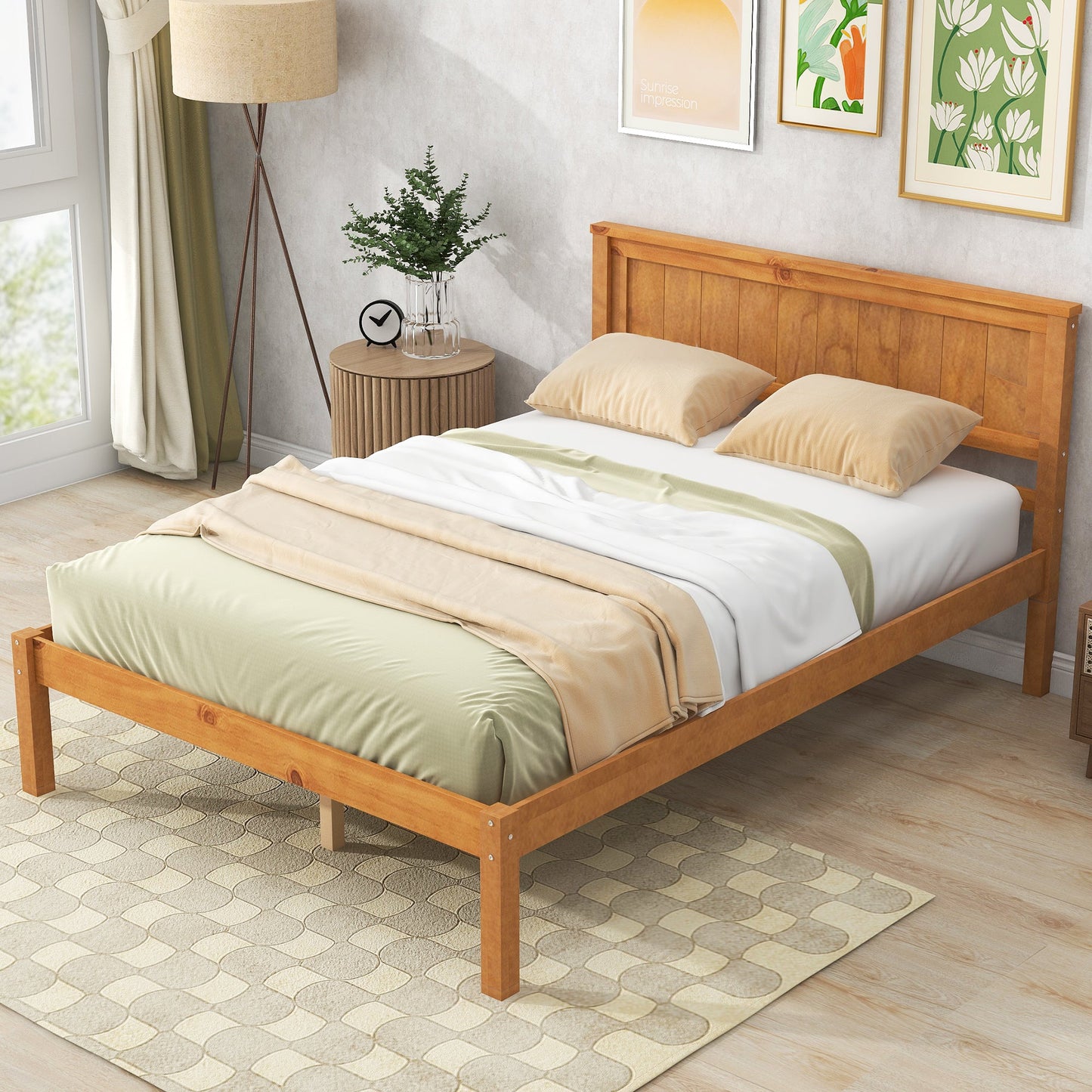 Platform Bed Frame with Headboard, Wood Slat Support No Box Spring Needed Full  Oak - Korvel