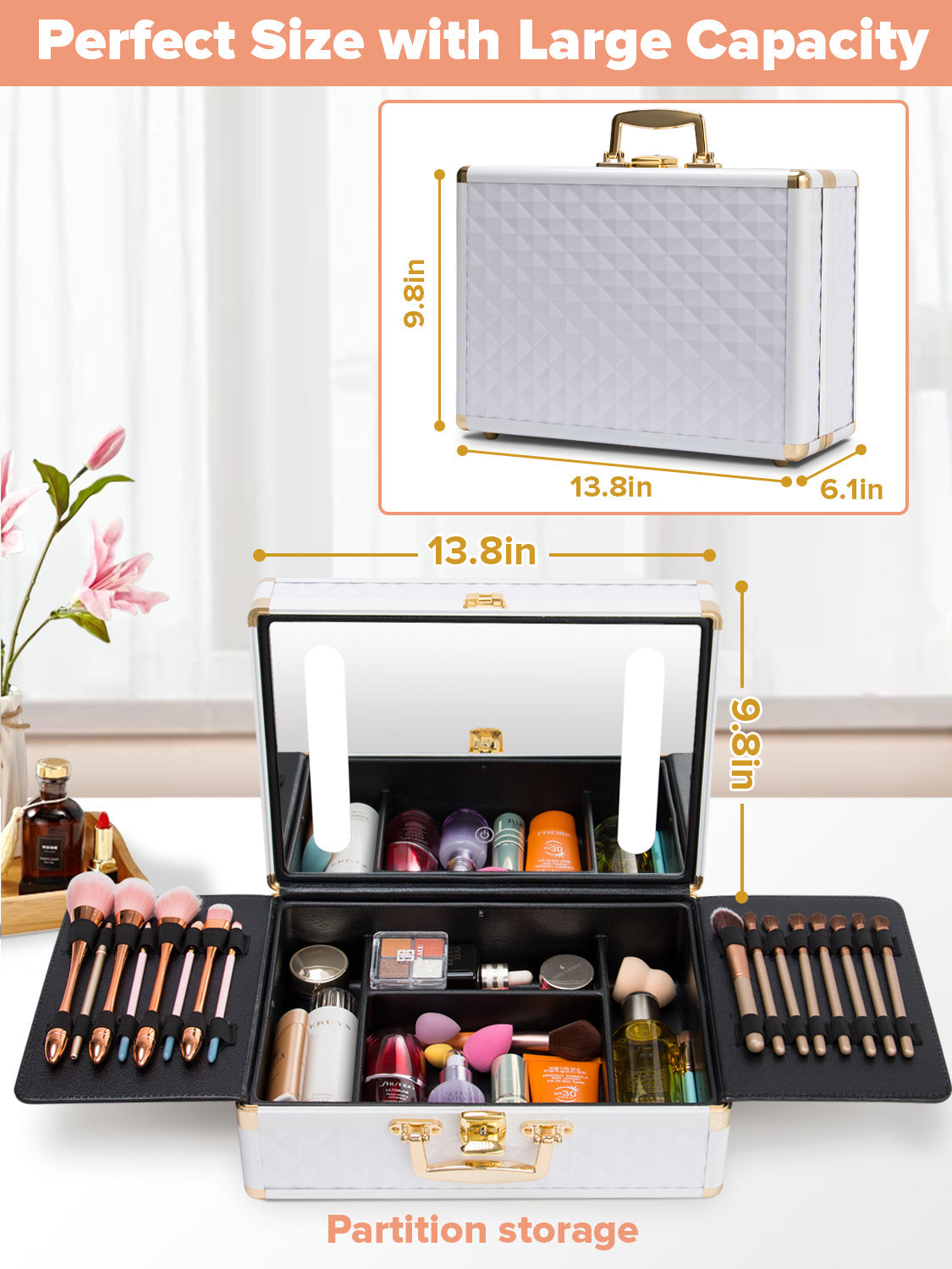 Portable makeup case, travel makeup bag with LED mirror, locked makeup storage box, brush holder, divider, rechargeable, white - Korvel
