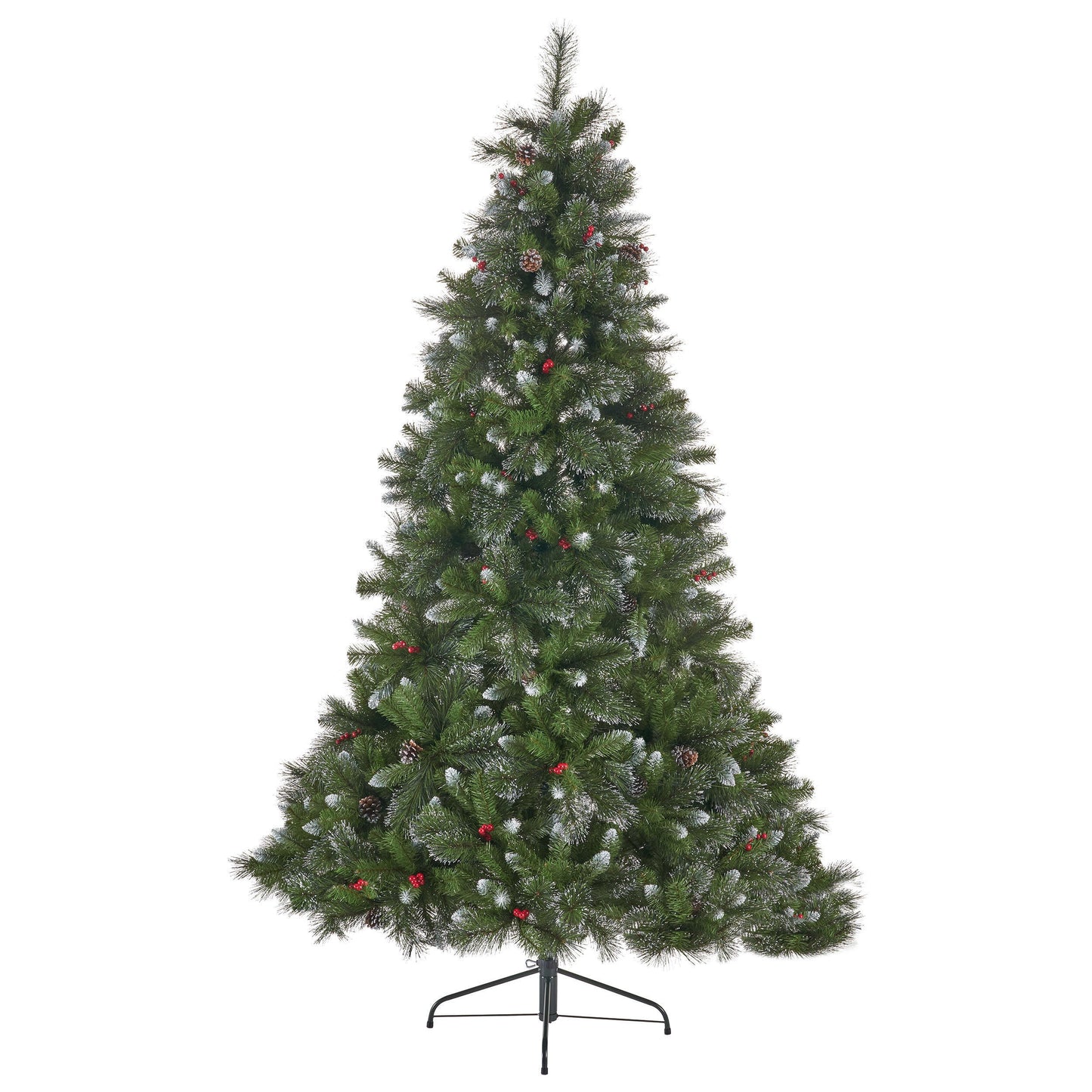 9' Glitter Bristle Mixed Hinged Tree with 72 Red Berry and 73 Pine Cones and 2099 tips,Dia:66 - Korvel