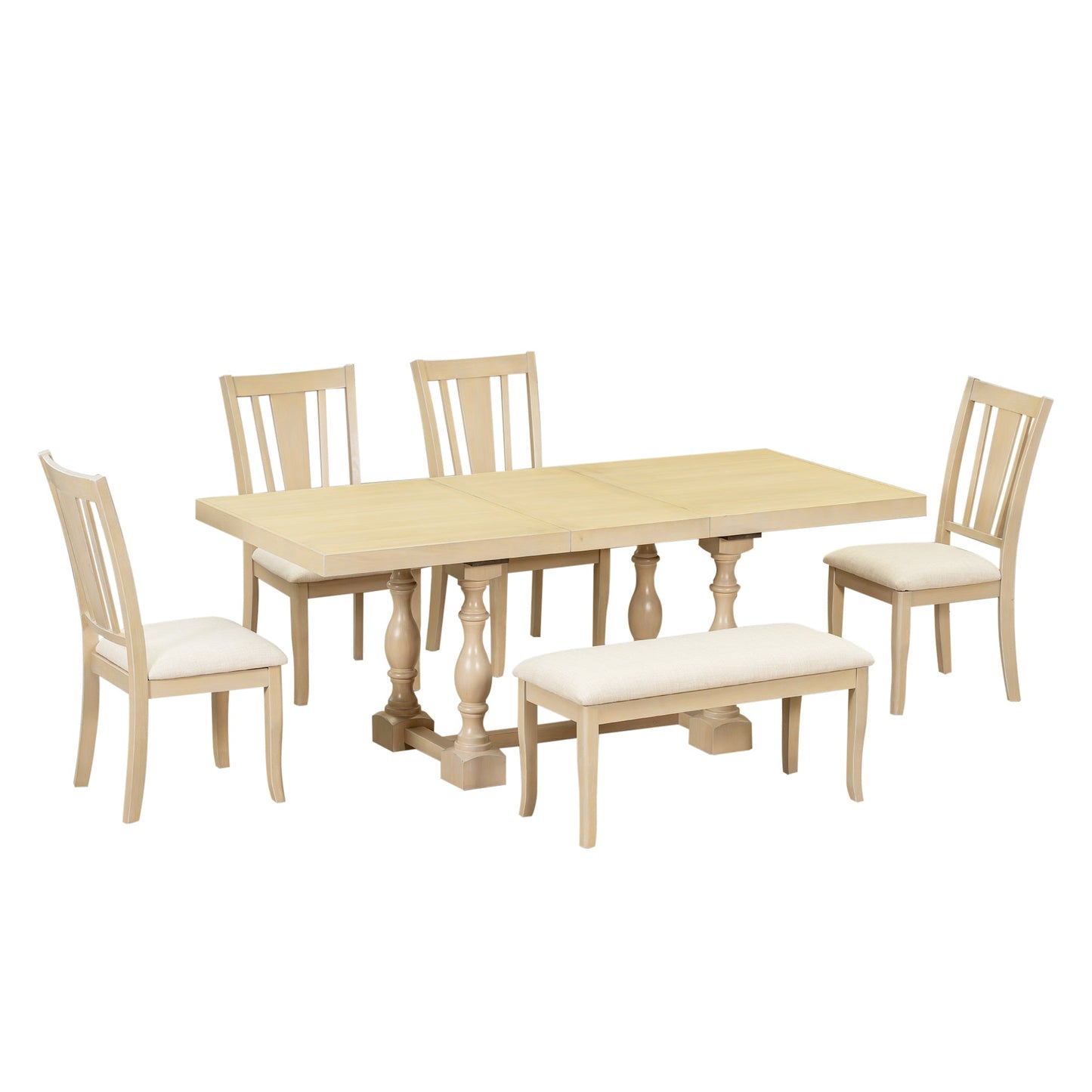 Traditional 6-Piece 78inch Trestle Extendable Dining Table Set with One 18inch Removable Leaf Padded Dining Chairs Bench,Natural - Korvel