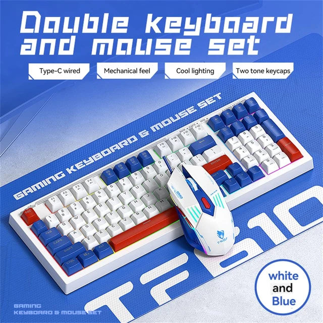 T-WOLF TF610 Keyboard and Mouse Game Keyboard and Mouse Set Mech Style Wired Esports Double Color White and Blue - Korvel