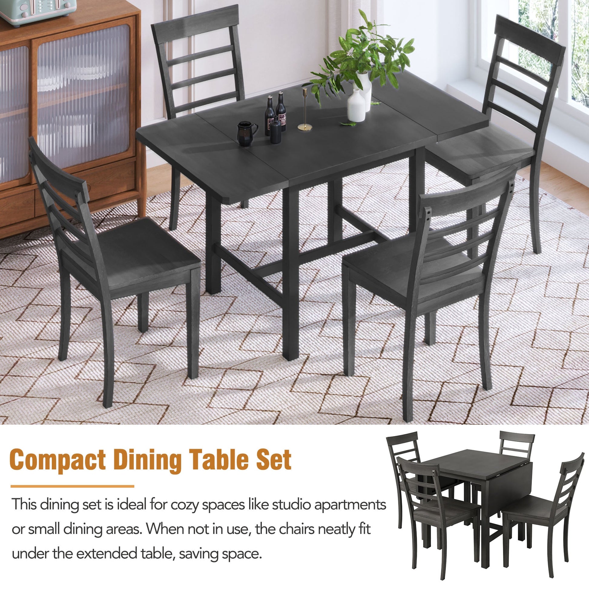 TOPMAX 5-piece square wooden pendant light expandable dining table set with 4 ladder back chairs  Gray - Korvel