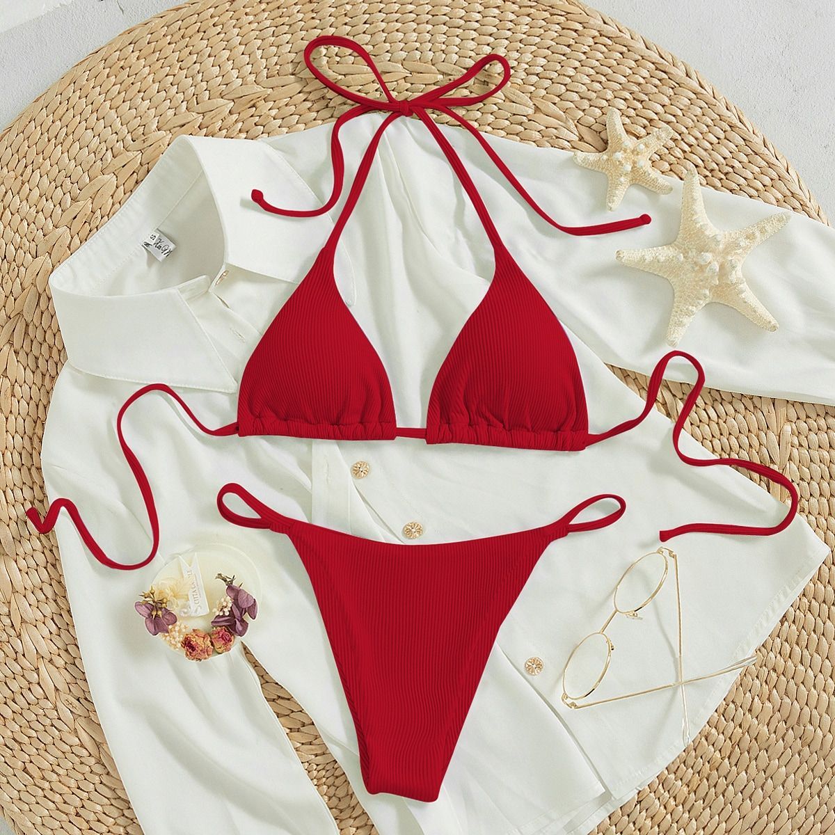 Hanging neck tie bikini multi-color three-point swimsuit hot spring swimsuit - Korvel