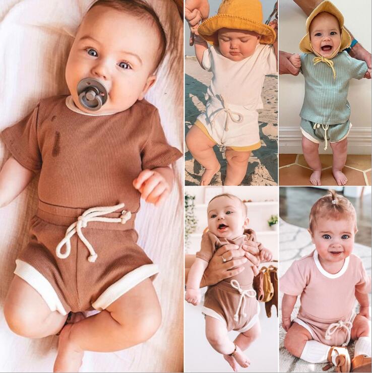 2020 Toddler Baby Boys Girls Summer Clothing Newborn Kids Baby Girls Ribbed Knitted Short Sleeve T-shirts+Shorts Tracksuits Sets - Korvel
