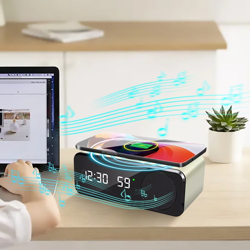 Haut-parleur Bluetooth avec chargement sans fil, horloge et thermomètre