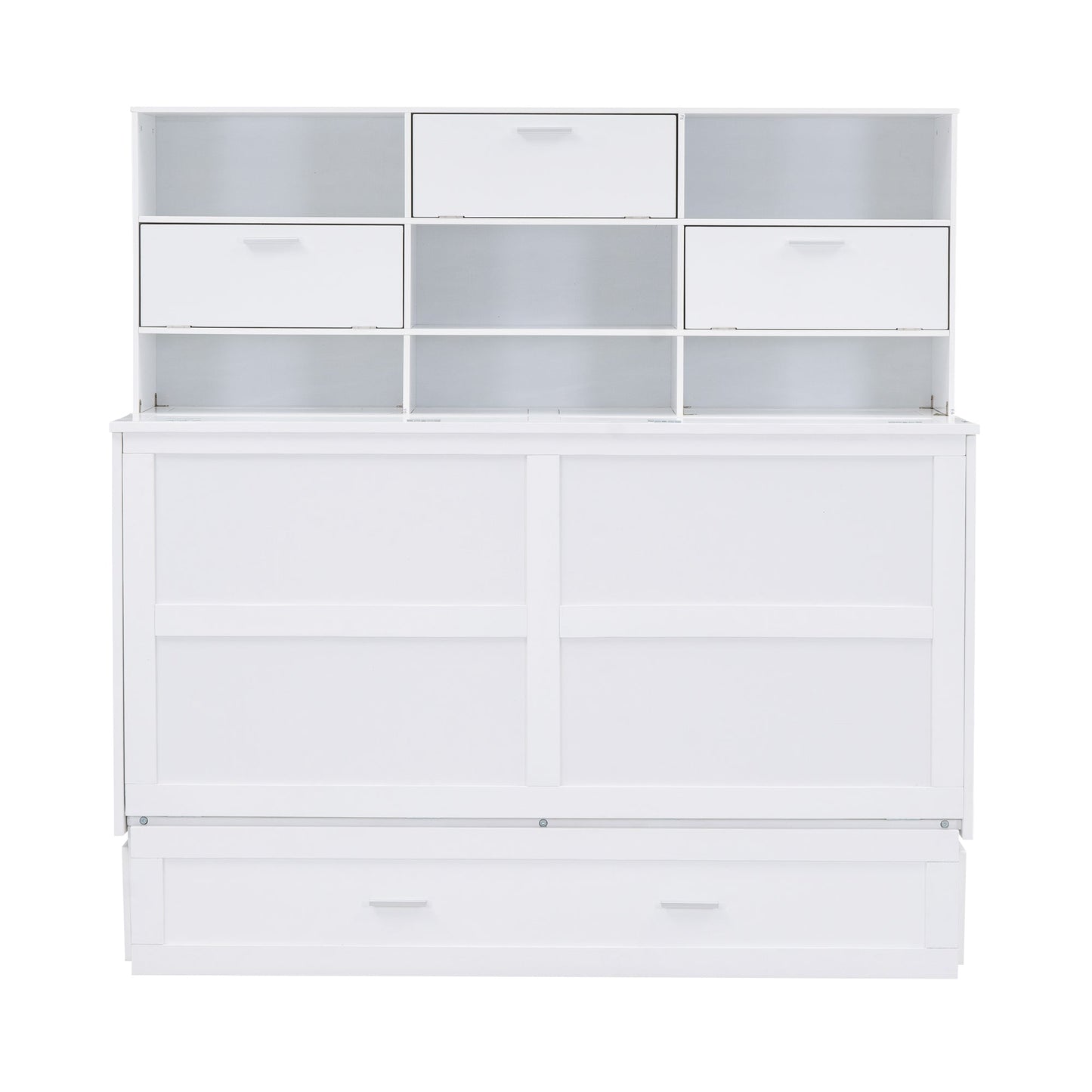 ueen Size Murphy Bed with Bookcase, Bedside Shelves and a Big Drawer, White - Korvel