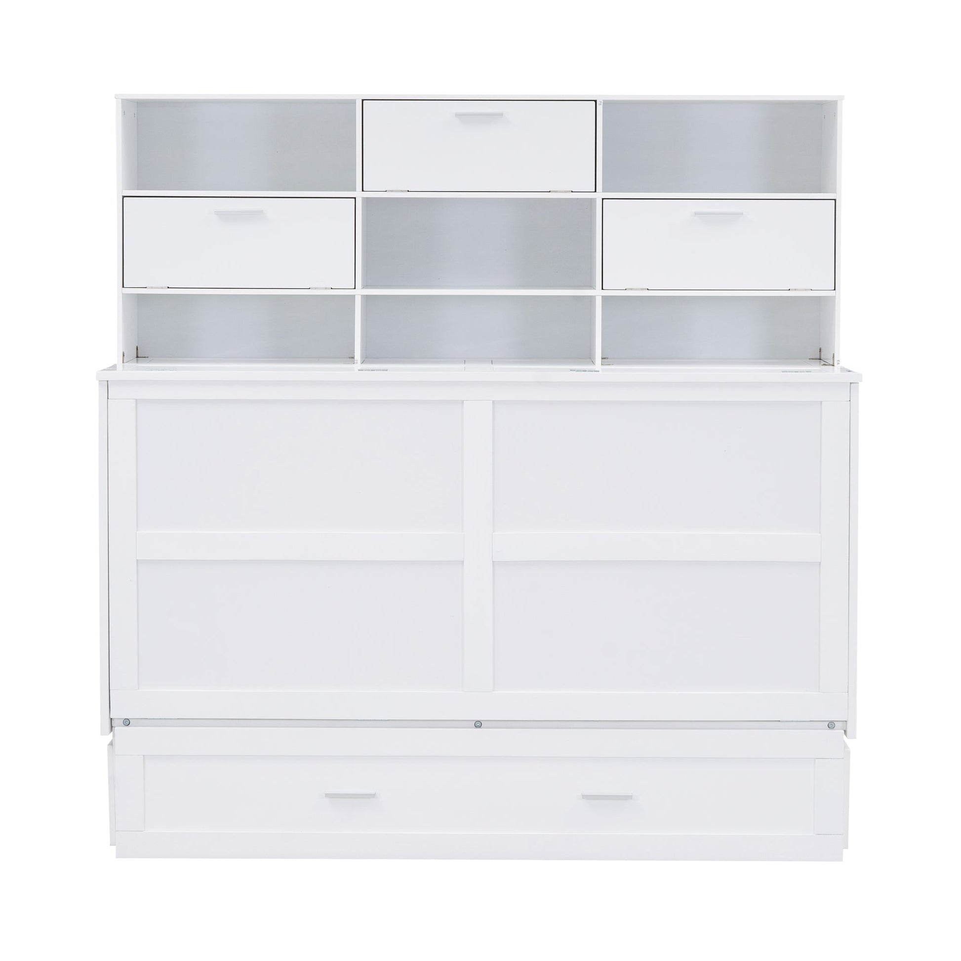 ueen Size Murphy Bed with Bookcase, Bedside Shelves and a Big Drawer, White - Korvel