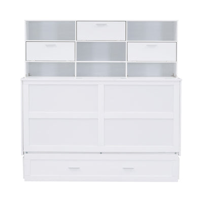 ueen Size Murphy Bed with Bookcase, Bedside Shelves and a Big Drawer, White - Korvel