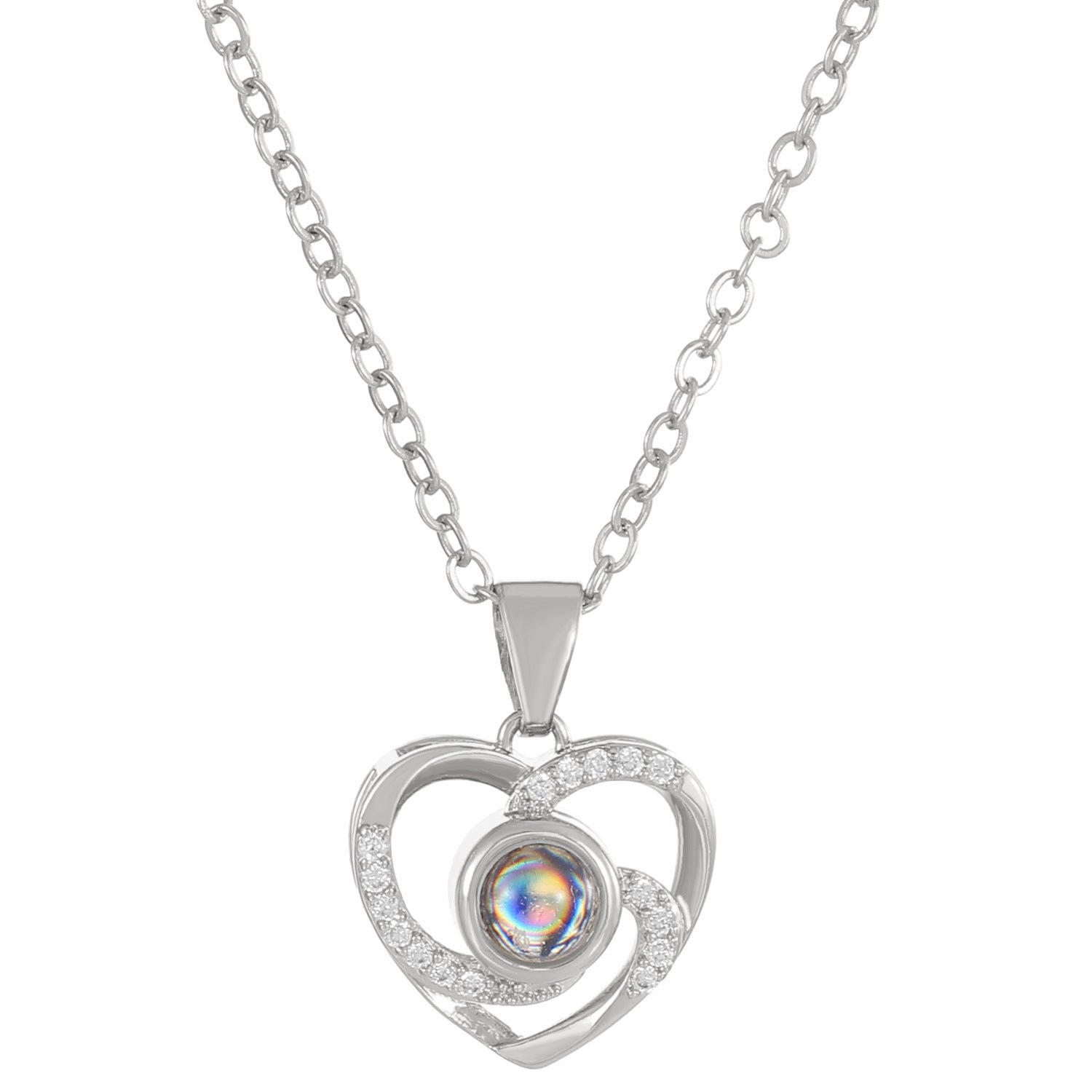Diamond studded heart-shaped projection necklace in 100 languages. I love you, heart-shaped pendant, couple necklace - Korvel