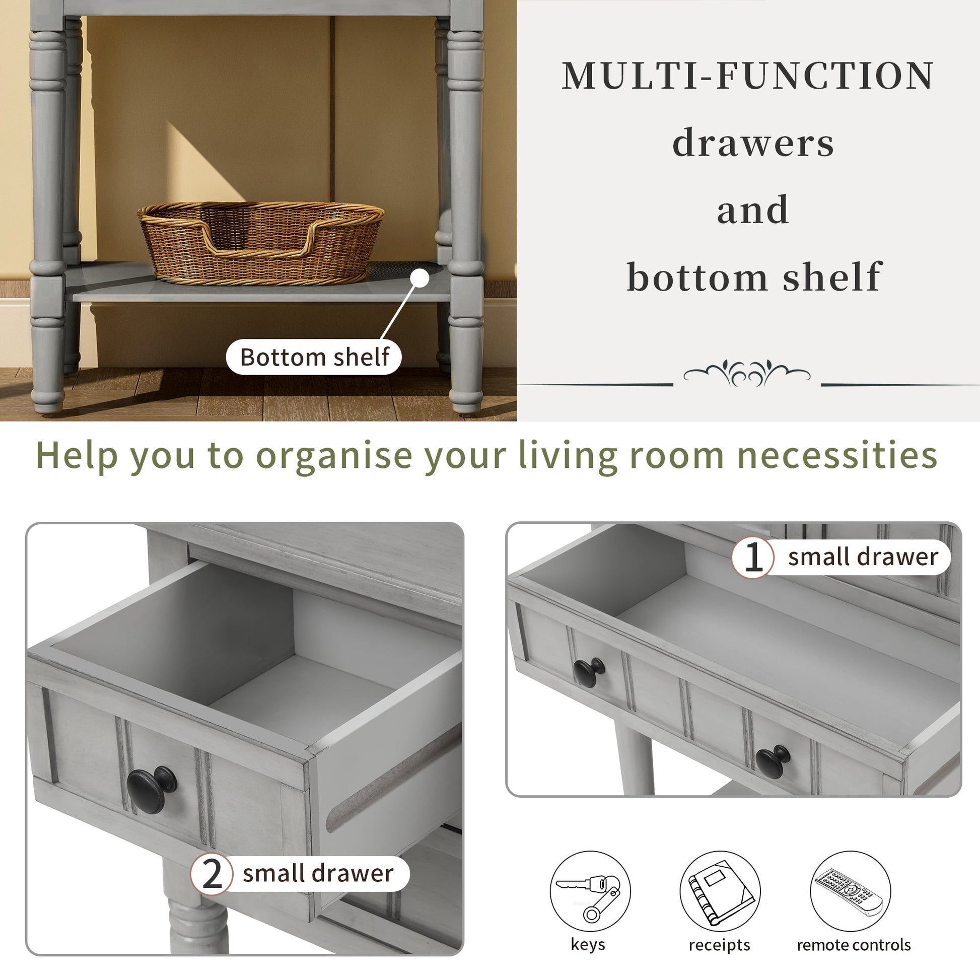 TREXM Narrow Console Desk, Thin Sofa Table with Three Storage Drawers and Living Room Bottom Shelves (Grey Washed) - Korvel