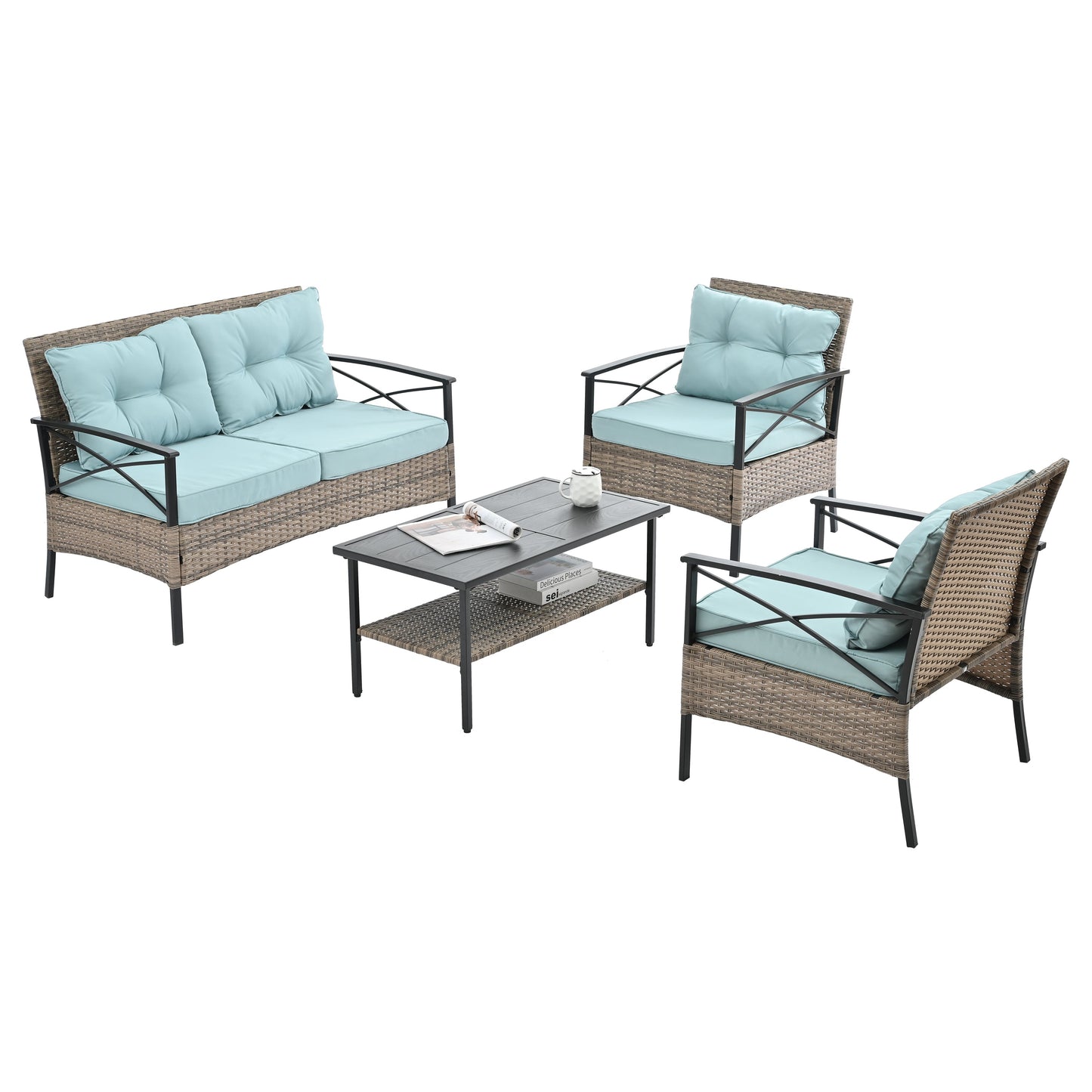 Conjunto de Muebles de Wicker para Exterior Premium con Mesa de Metal Negra