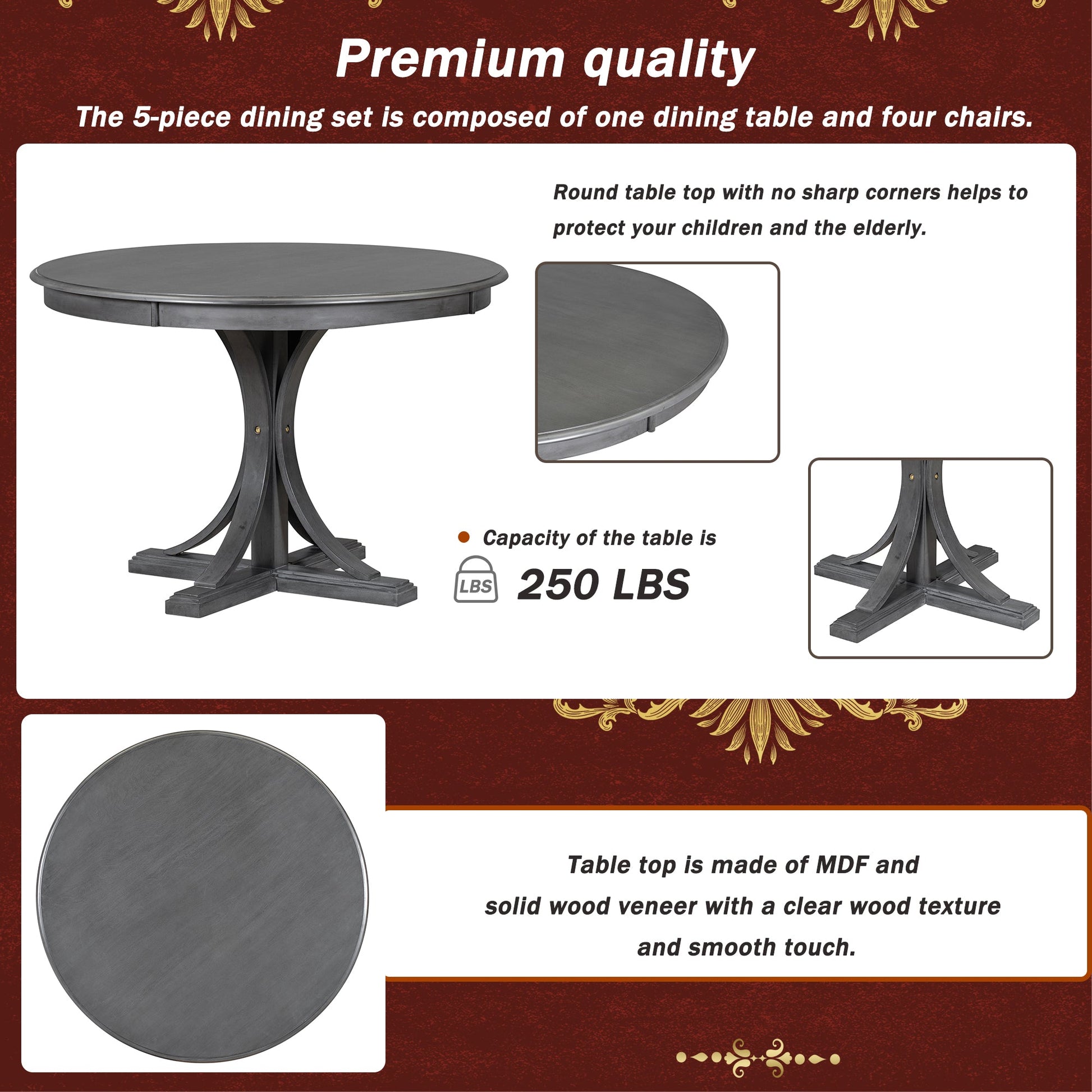 TREXM Five Piece Retro Round Dining Table Set with Curved Brackets and 4 Restaurant Cushioned Chairs (Dark Gray) - Korvel