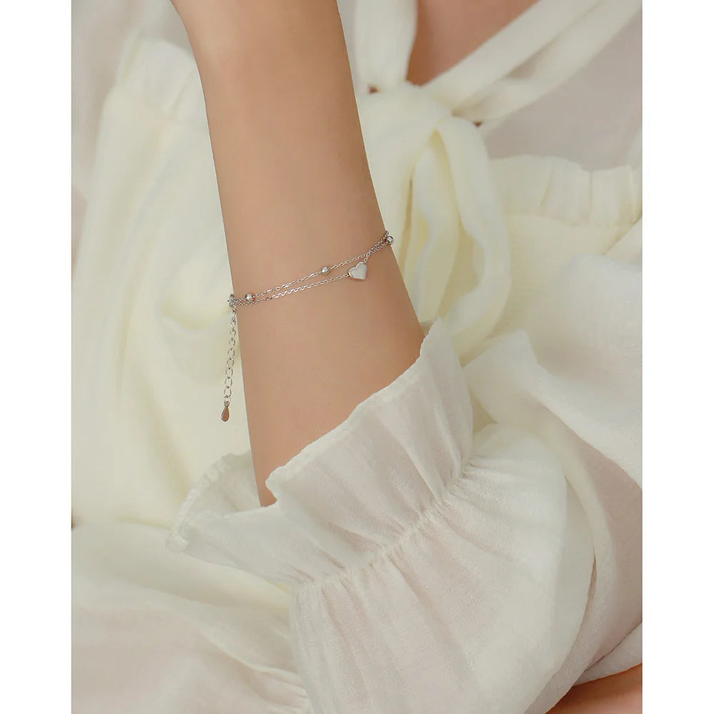 925 Sterling Silver Double Layer Heart-shaped Bracelet  for Women Girl Korean Style Small Fresh Summer Bracelet - Korvel